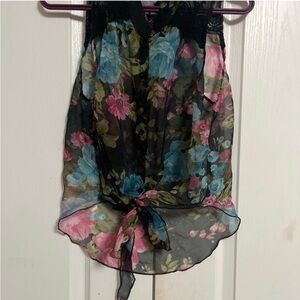 Sheer Floral Sleeveless Button Up Top with lace detailing and tie front